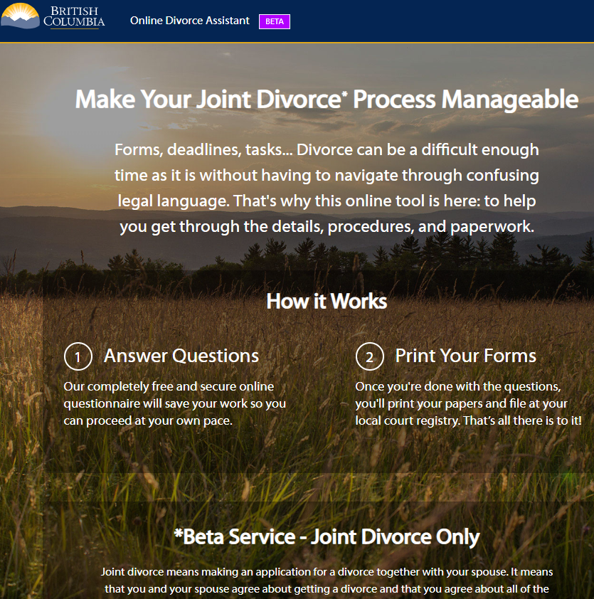 A screenshot of the homepage of the online divorce assistant website