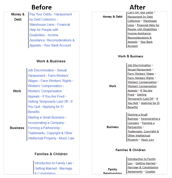 Before-and-after screenshots of a wikibook's navigation menu